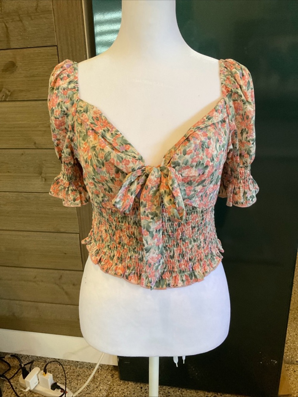 SHEIN Peach and Sage Floral Tie-Front Smocked Top